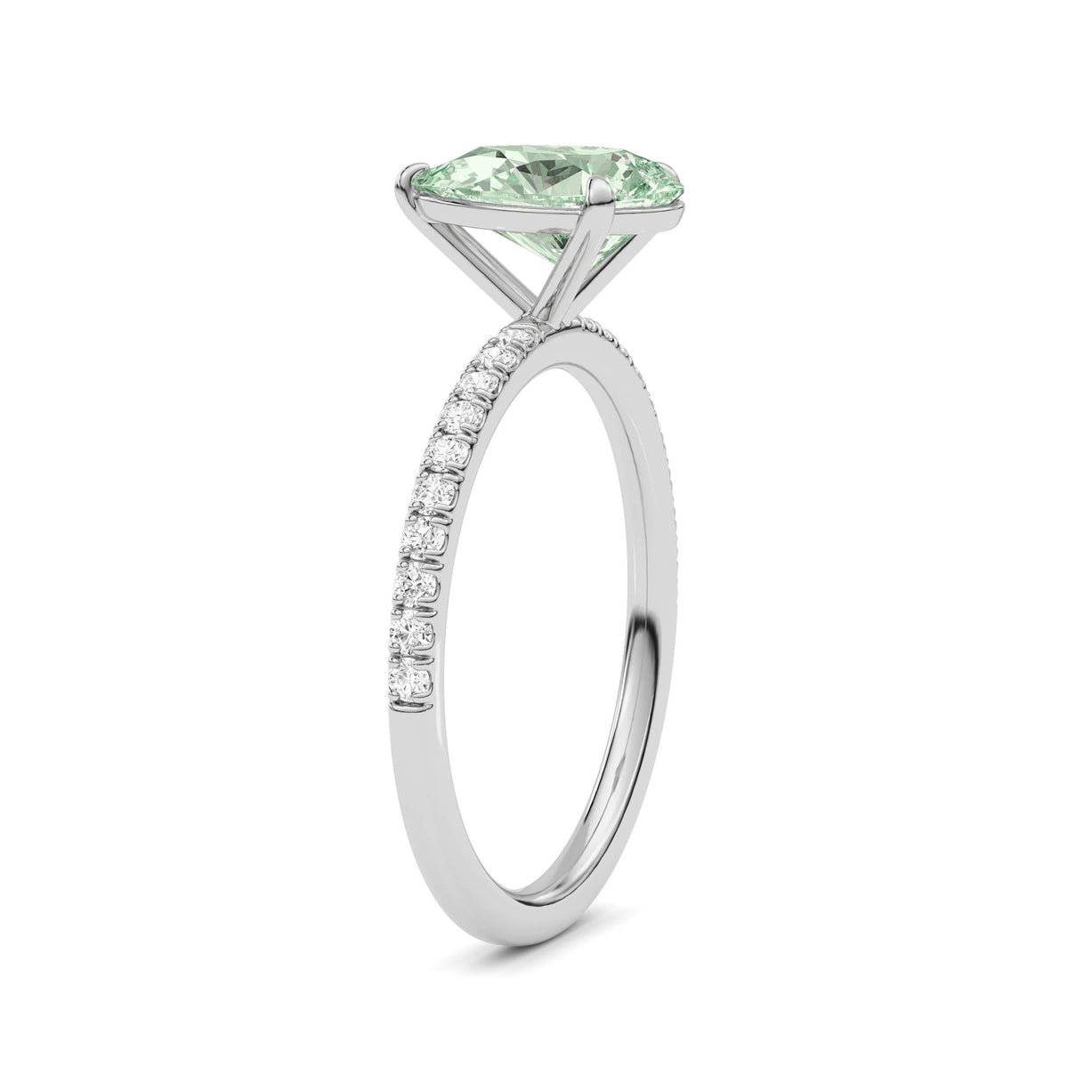 White gold Fancy Green Pear Cut Diamond Solitaire with Pavé Band