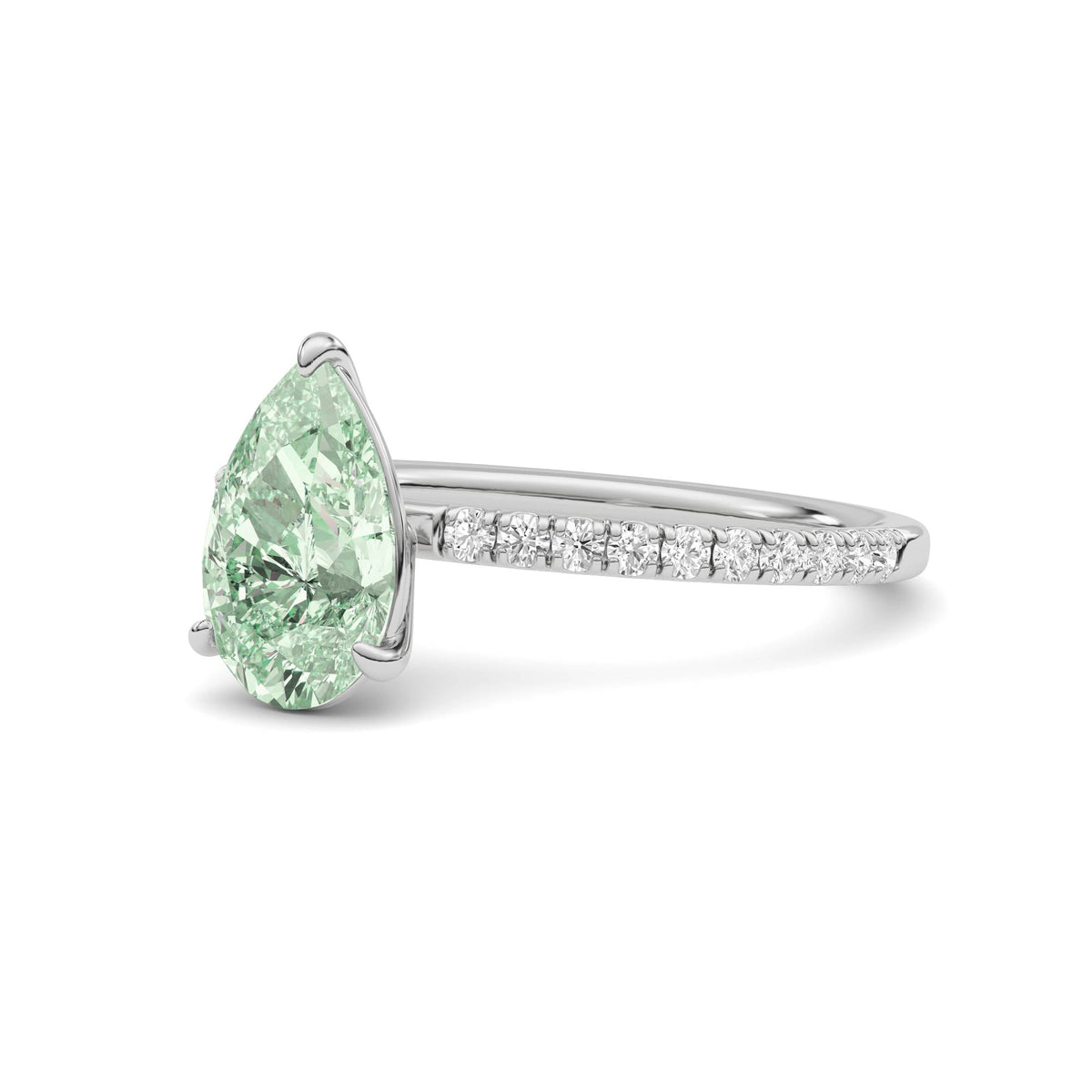 White gold Fancy Green Pear Cut Diamond Solitaire with Pavé Band