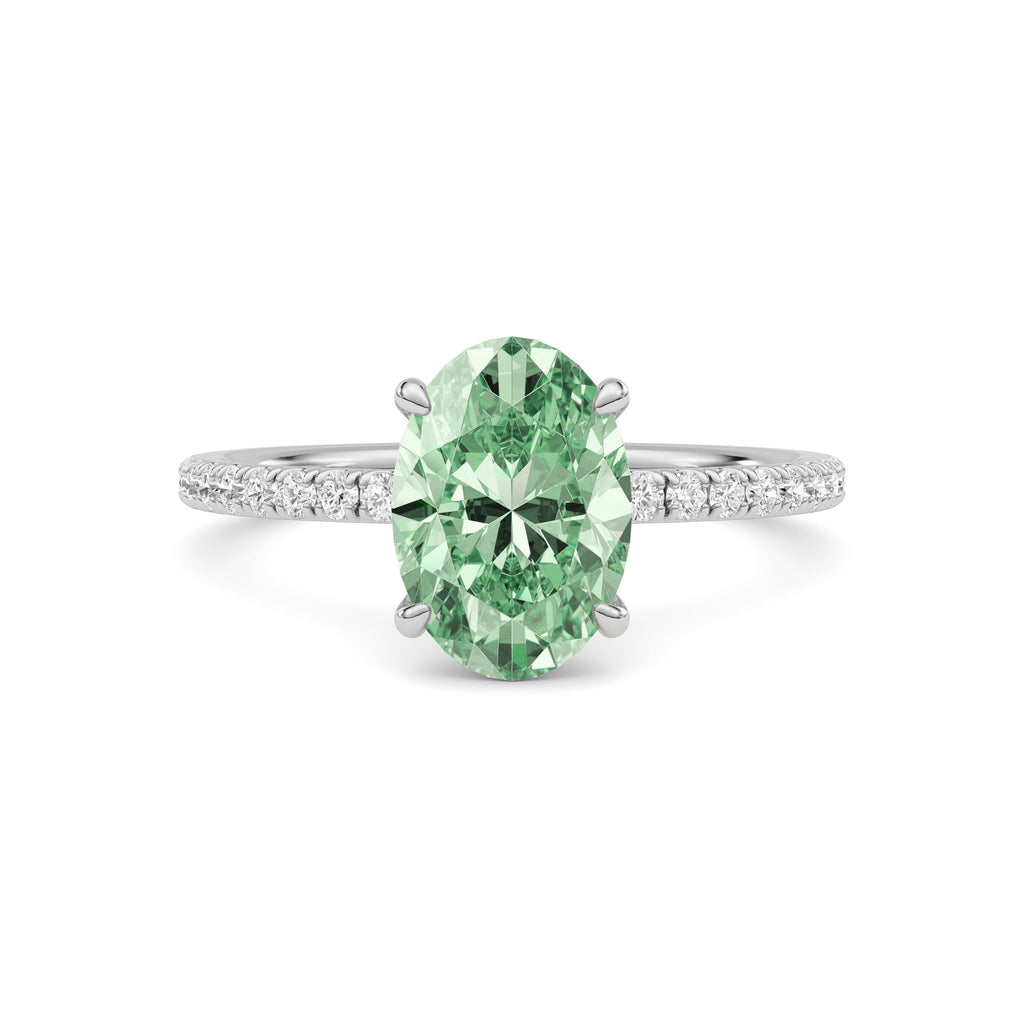 Silver Fancy Green Oval Cut Diamond Solitaire with Pavé Band