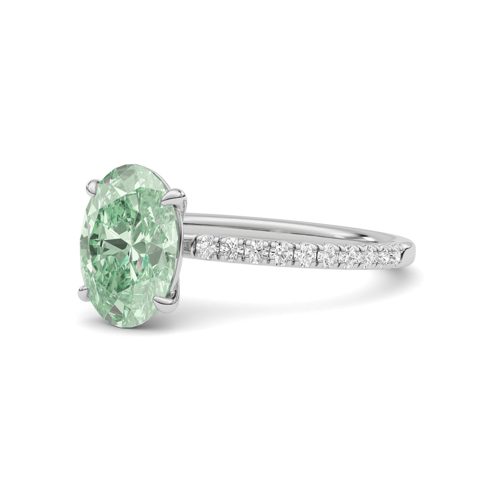 Silver Fancy Green Oval Cut Diamond Solitaire with Pavé Band
