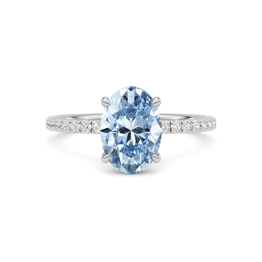Platinum Fancy Blue Oval Cut Diamond Solitaire with Pavé Band