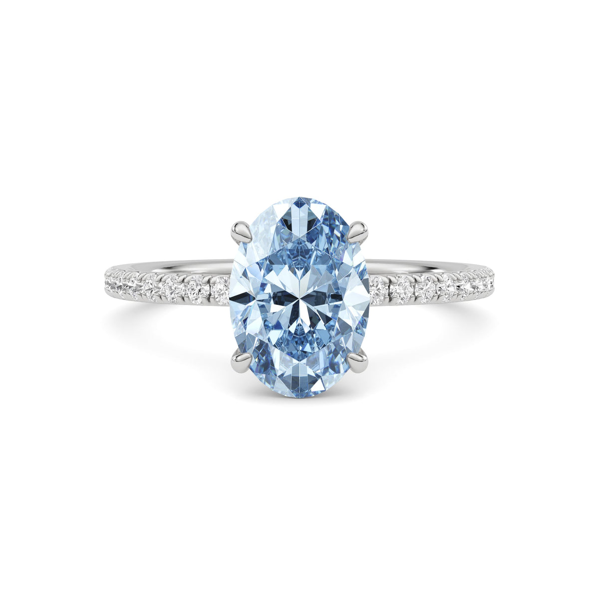 Platinum Fancy Blue Oval Cut Diamond Solitaire with Pavé Band