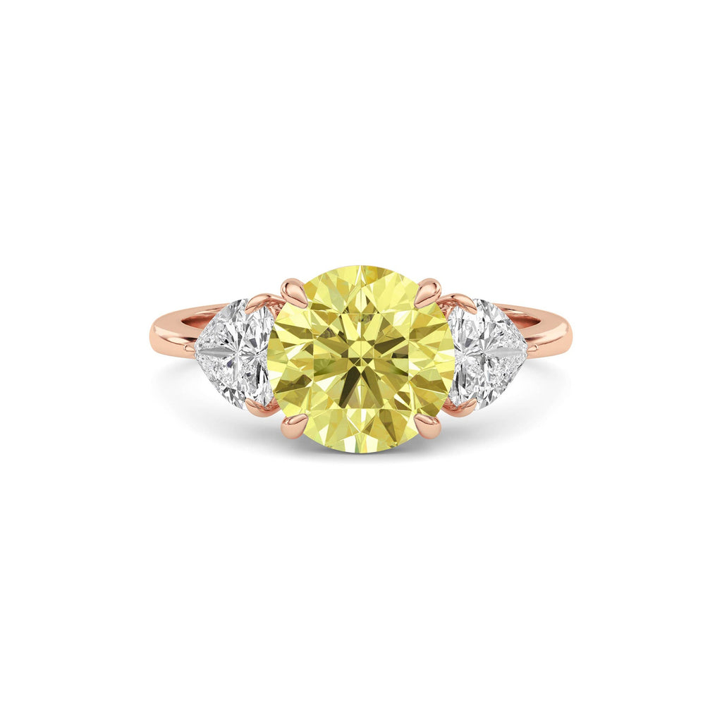 Rose gold Three-Stone Fancy Yellow Round Cut Diamond Ring with Heart Side Stones