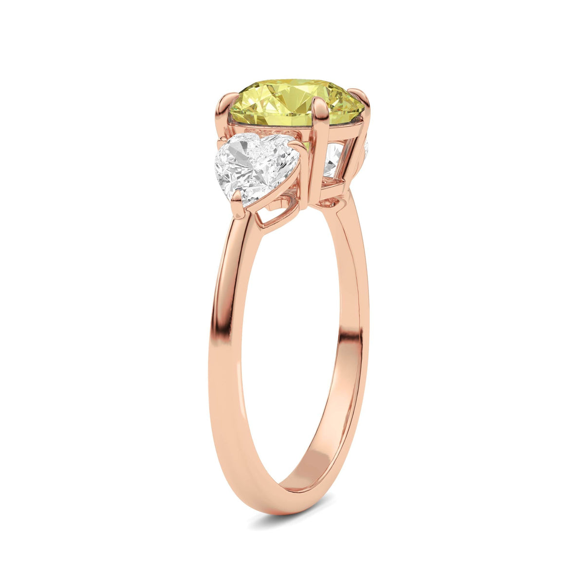 Rose gold Three-Stone Fancy Yellow Round Cut Diamond Ring with Heart Side Stones