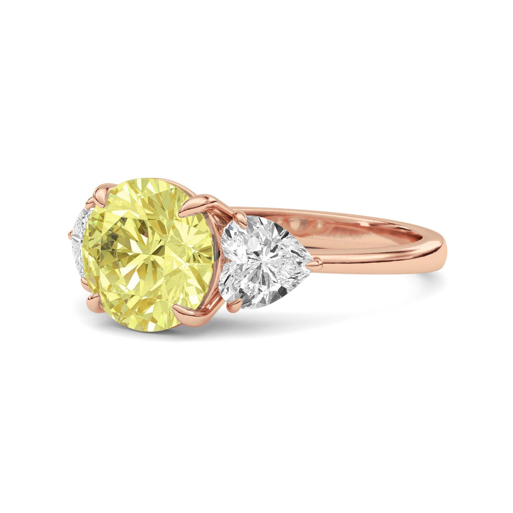 Rose gold Three-Stone Fancy Yellow Round Cut Diamond Ring with Heart Side Stones