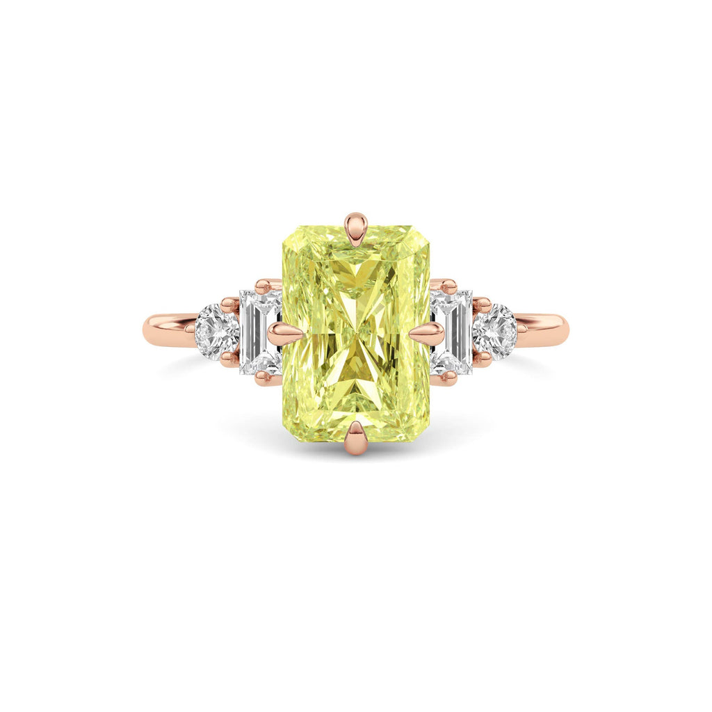 Rose gold Three-Stone Fancy Yellow Radiant Cut Diamond Ring with Heart Side Stones