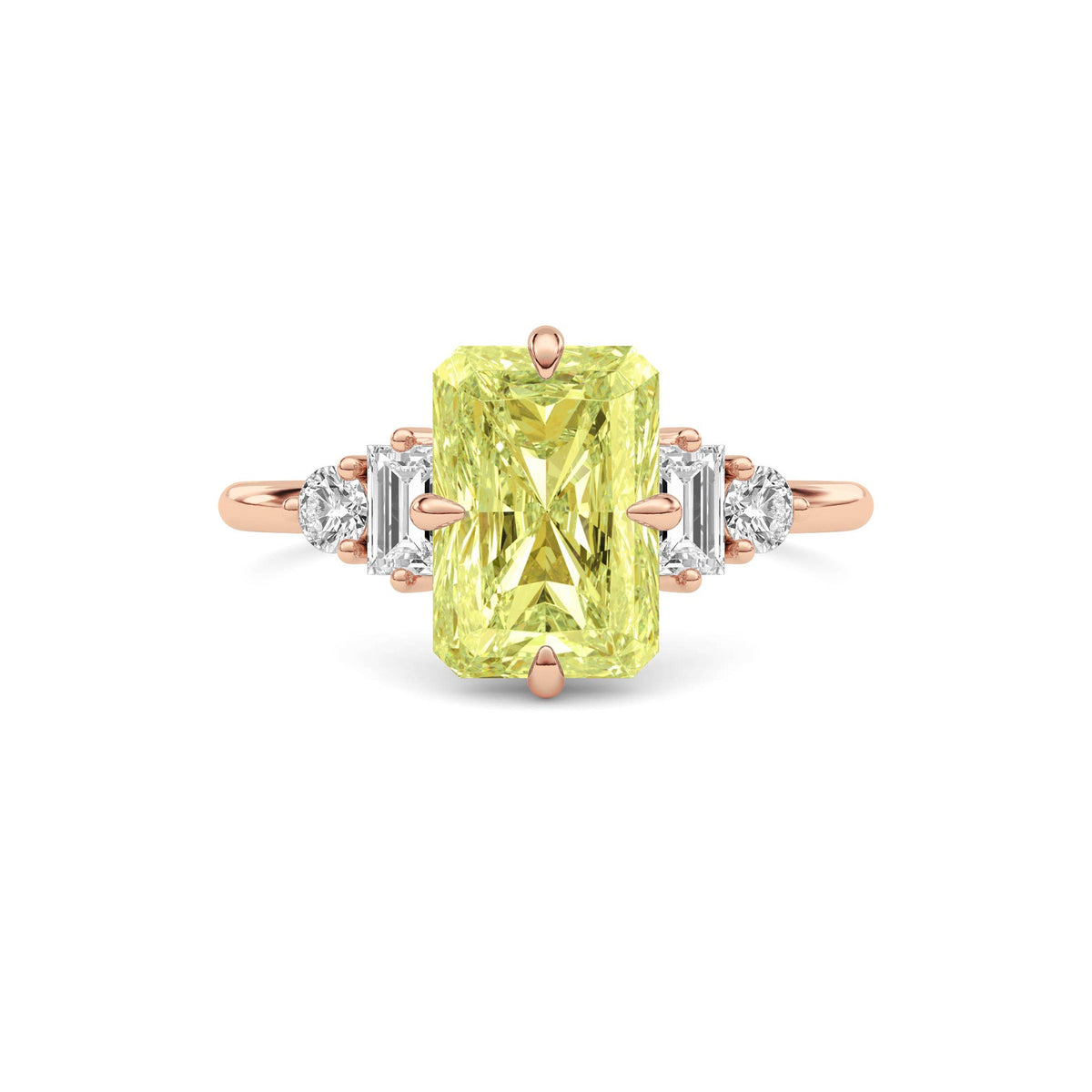 Rose gold Three-Stone Fancy Yellow Radiant Cut Diamond Ring with Heart Side Stones