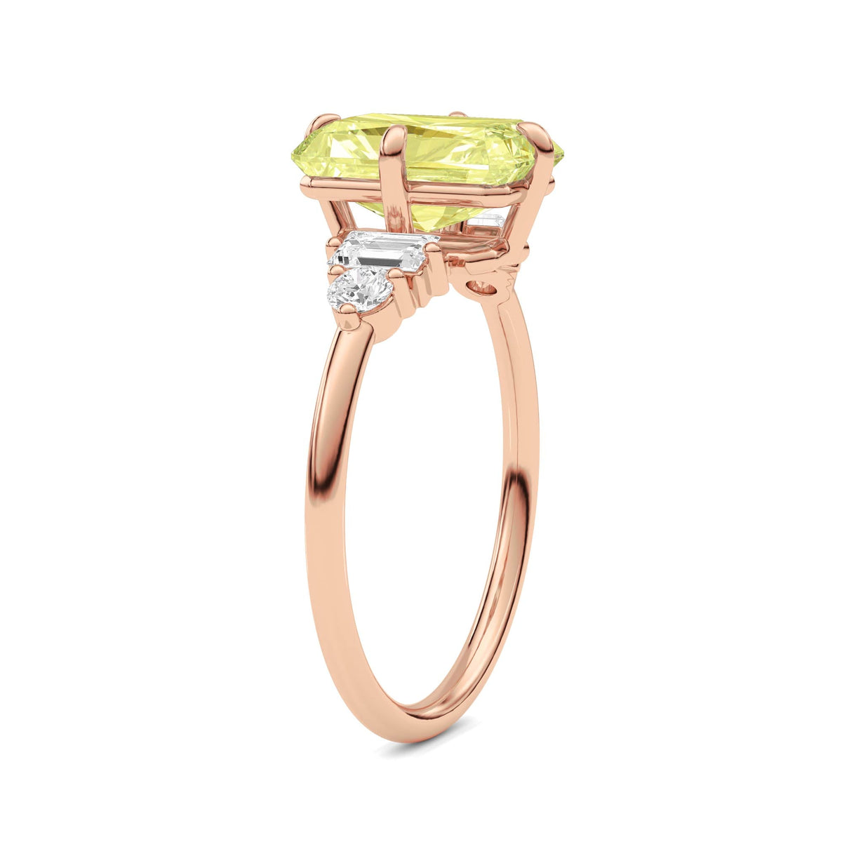 Rose gold Three-Stone Fancy Yellow Radiant Cut Diamond Ring with Heart Side Stones