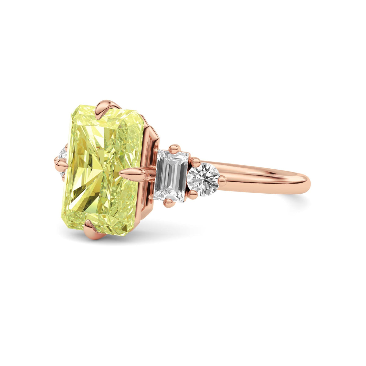 Rose gold Three-Stone Fancy Yellow Radiant Cut Diamond Ring with Heart Side Stones