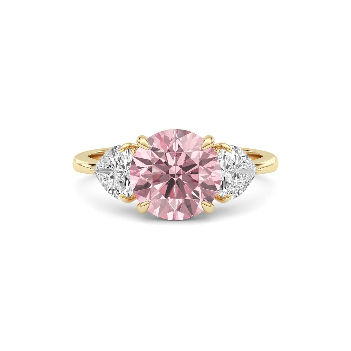 Yellow gold Three-Stone Fancy Pink Round Cut Diamond Ring with Heart Side Stones