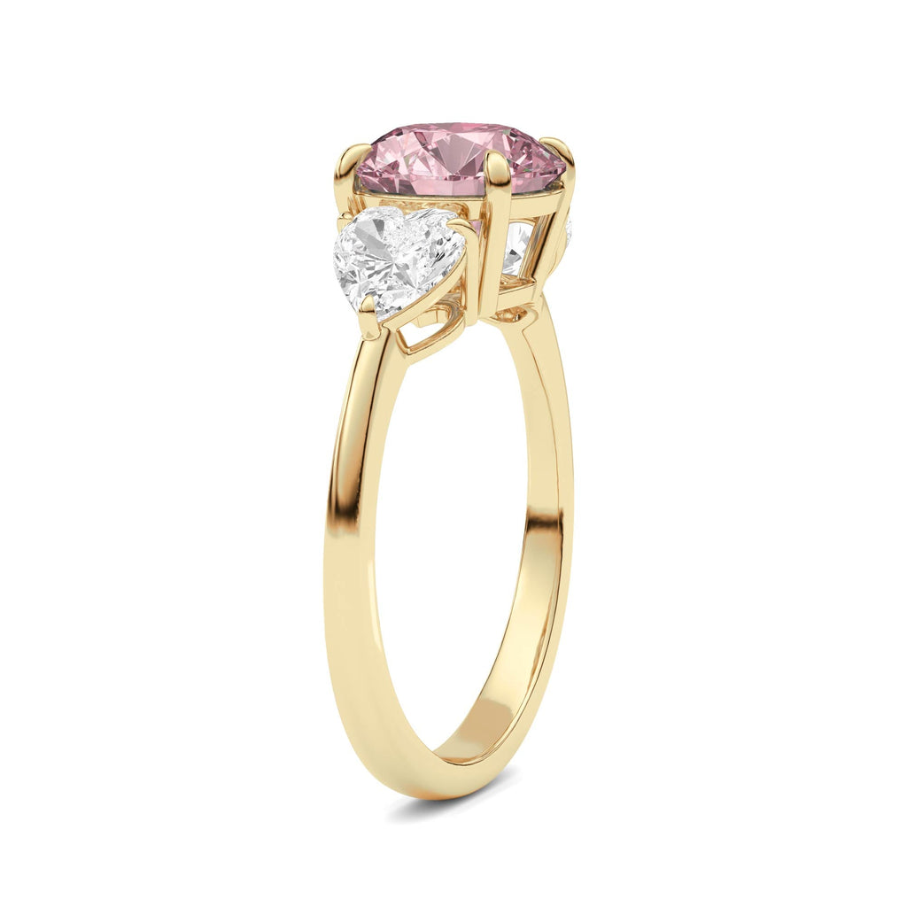 Yellow gold Three-Stone Fancy Pink Round Cut Diamond Ring with Heart Side Stones