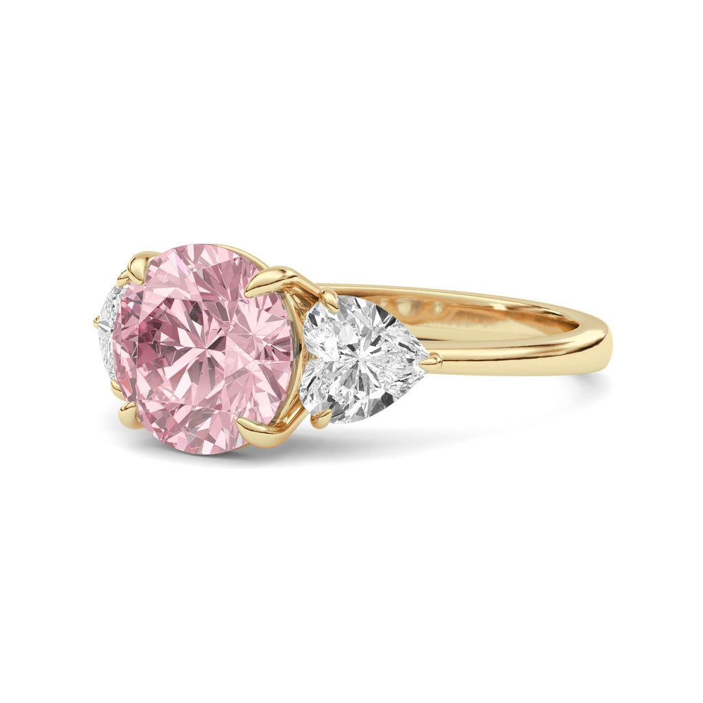 Yellow gold Three-Stone Fancy Pink Round Cut Diamond Ring with Heart Side Stones