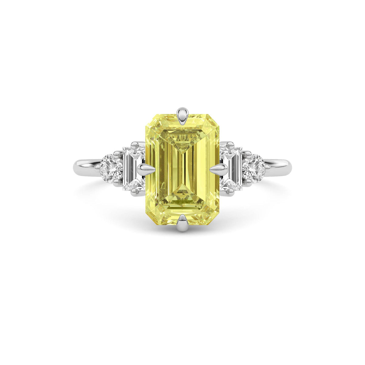 Yellow gold Three-Stone Fancy Yellow Emerald Cut Diamond Ring with Heart Side Stones