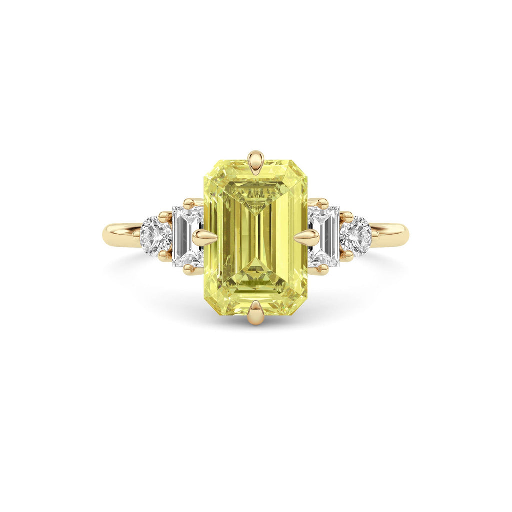 Yellow gold Three-Stone Fancy Yellow Emerald Cut Diamond Ring with Heart Side Stones