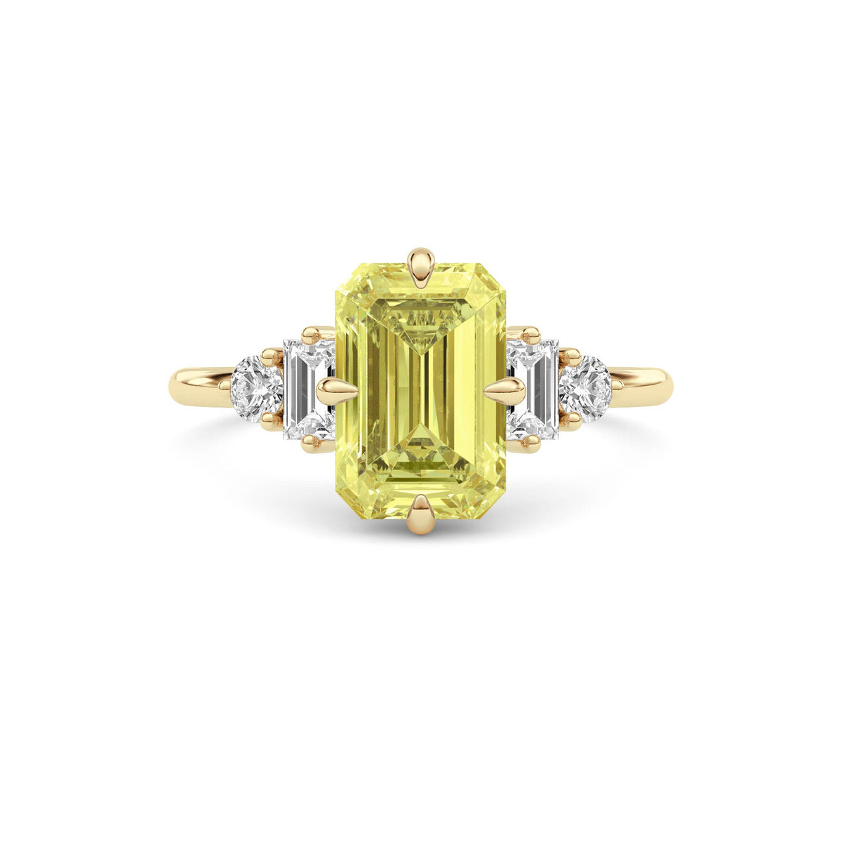 Yellow gold Three-Stone Fancy Yellow Emerald Cut Diamond Ring with Heart Side Stones