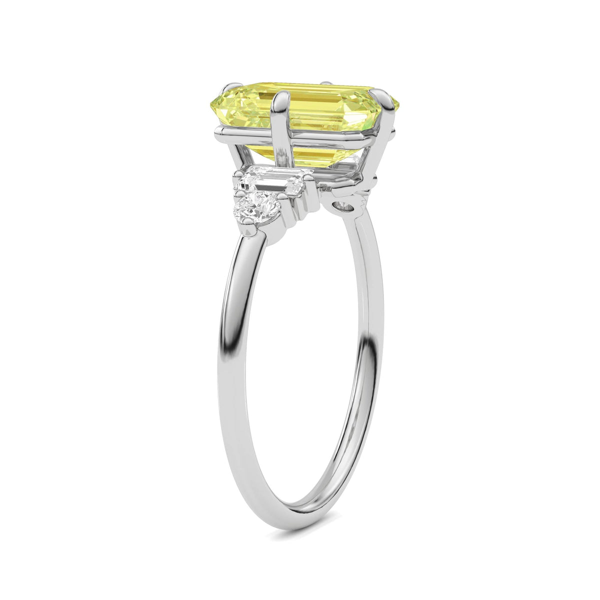 Yellow gold Three-Stone Fancy Yellow Emerald Cut Diamond Ring with Heart Side Stones