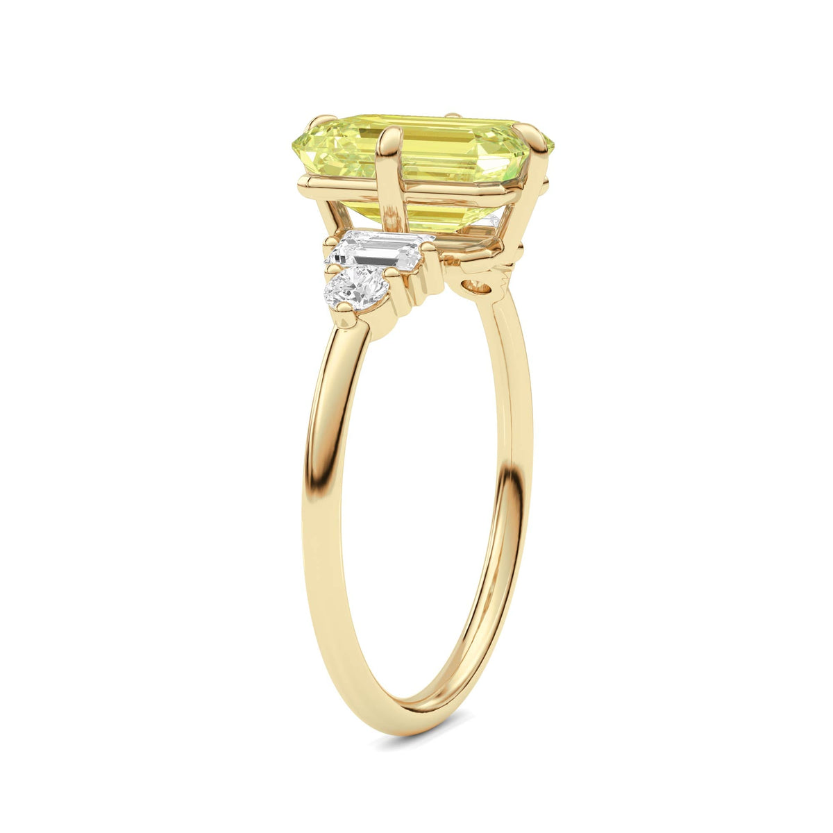 Yellow gold Three-Stone Fancy Yellow Emerald Cut Diamond Ring with Heart Side Stones