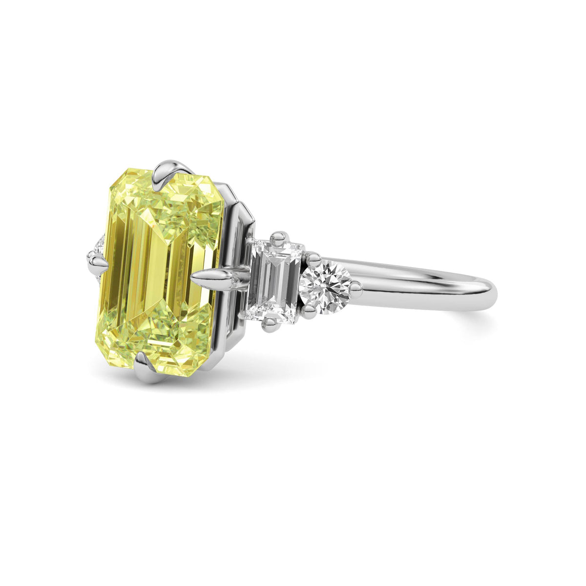Yellow gold Three-Stone Fancy Yellow Emerald Cut Diamond Ring with Heart Side Stones