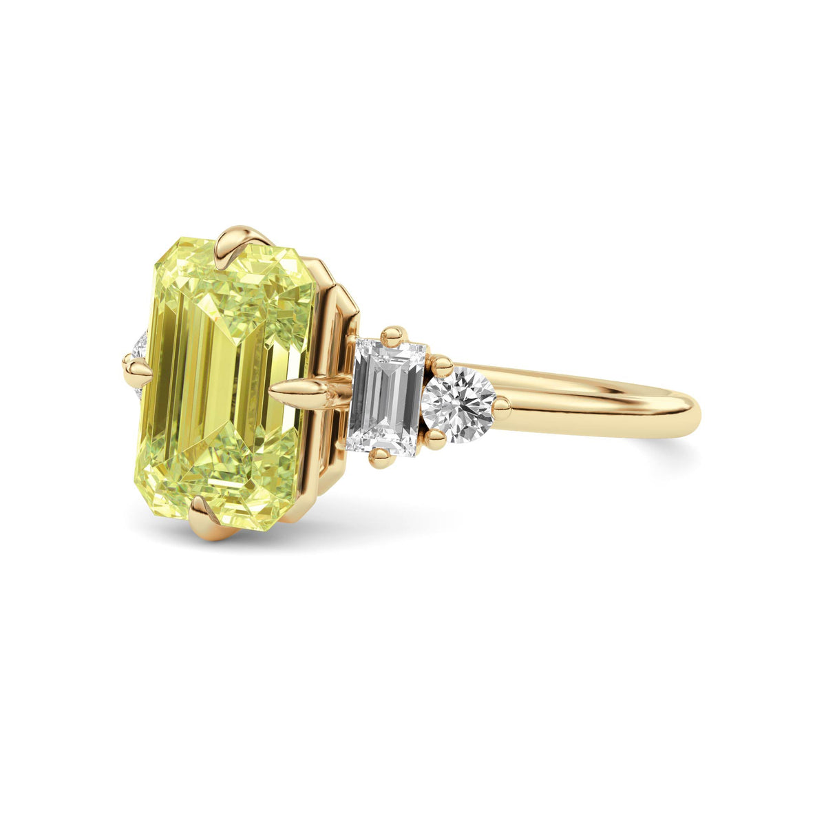 Yellow gold Three-Stone Fancy Yellow Emerald Cut Diamond Ring with Heart Side Stones