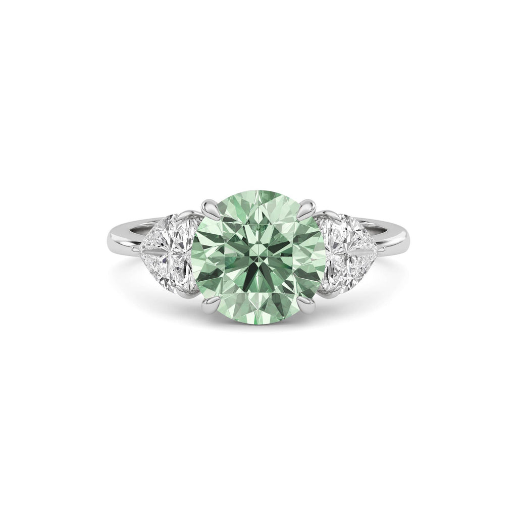 White gold Three-Stone Fancy Green Round Cut Diamond Ring with Heart Side Stones