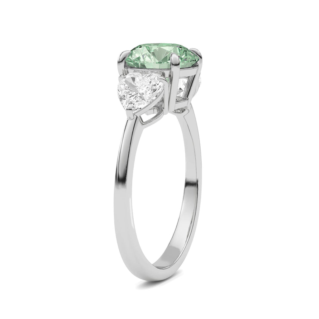 White gold Three-Stone Fancy Green Round Cut Diamond Ring with Heart Side Stones