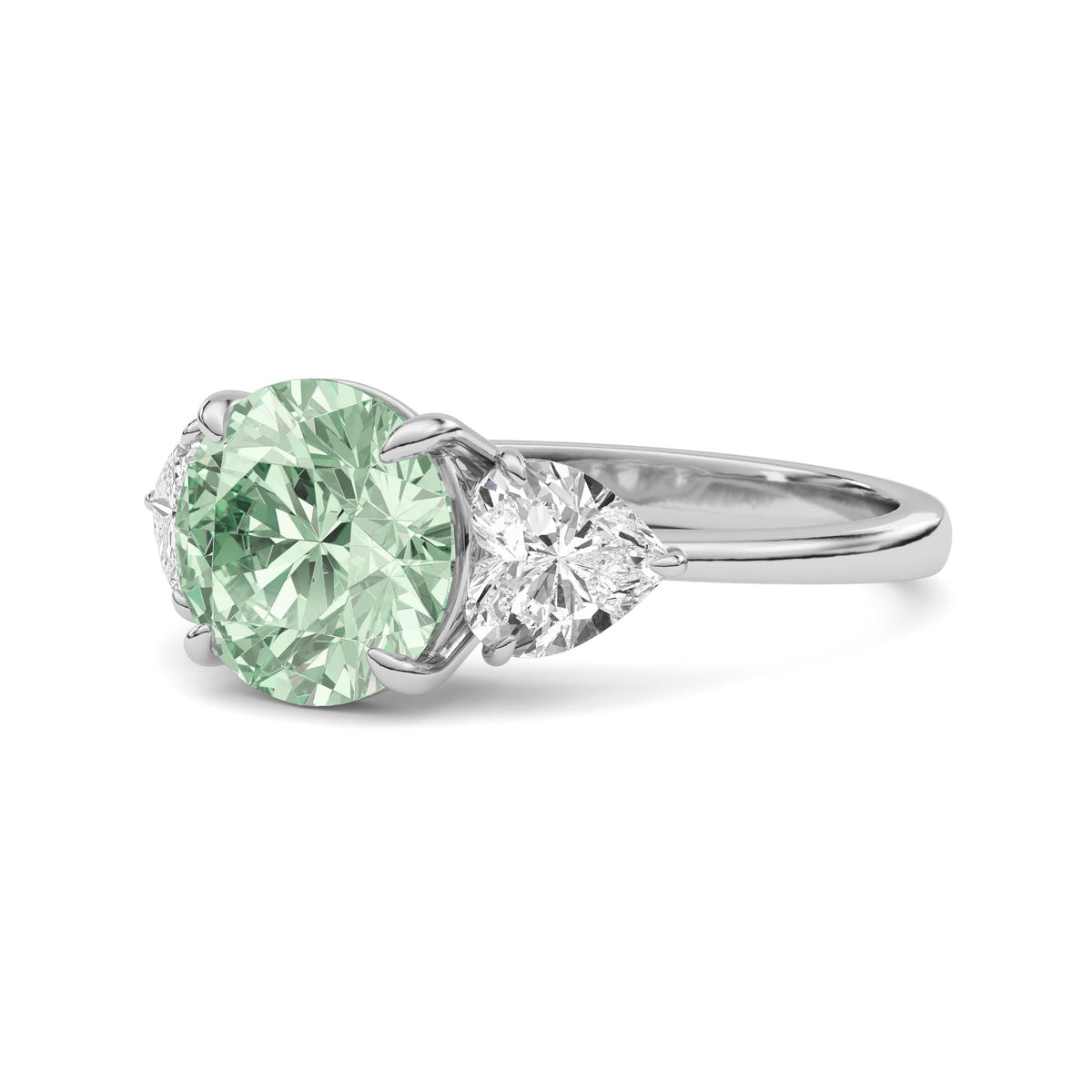 White gold Three-Stone Fancy Green Round Cut Diamond Ring with Heart Side Stones