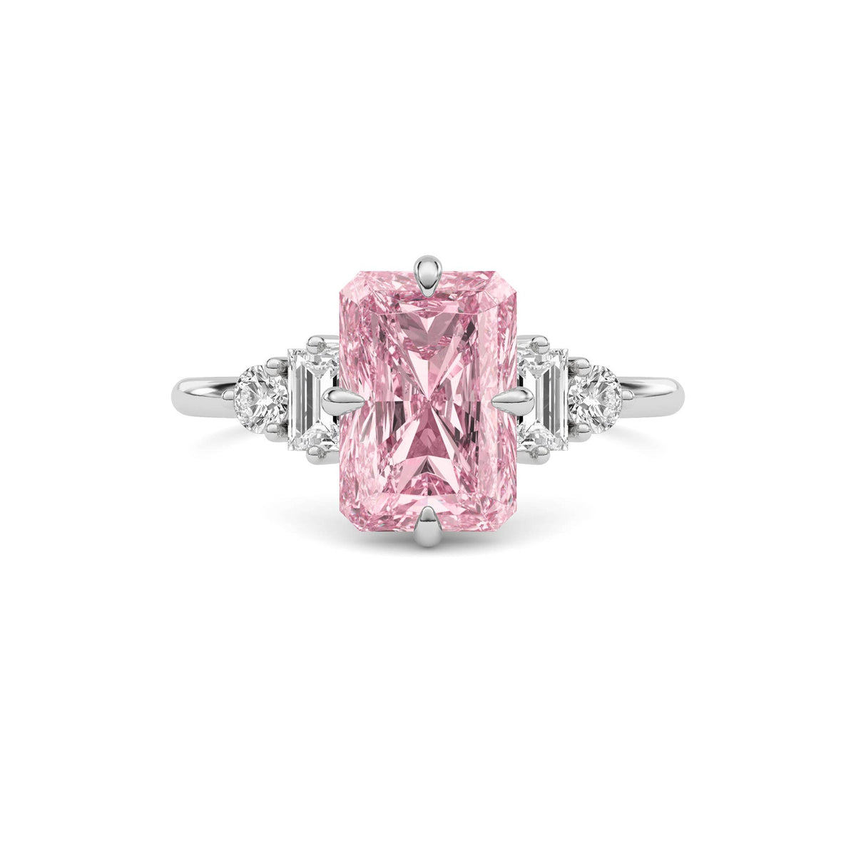 White gold Three-Stone Fancy Pink Radiant Cut Diamond Ring with Heart Side Stones