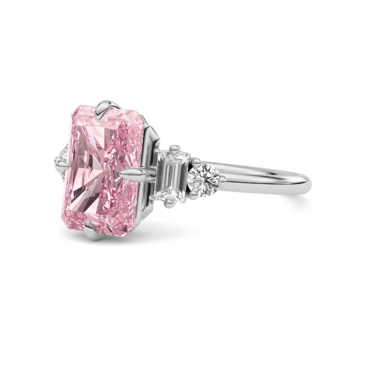 White gold Three-Stone Fancy Pink Radiant Cut Diamond Ring with Heart Side Stones