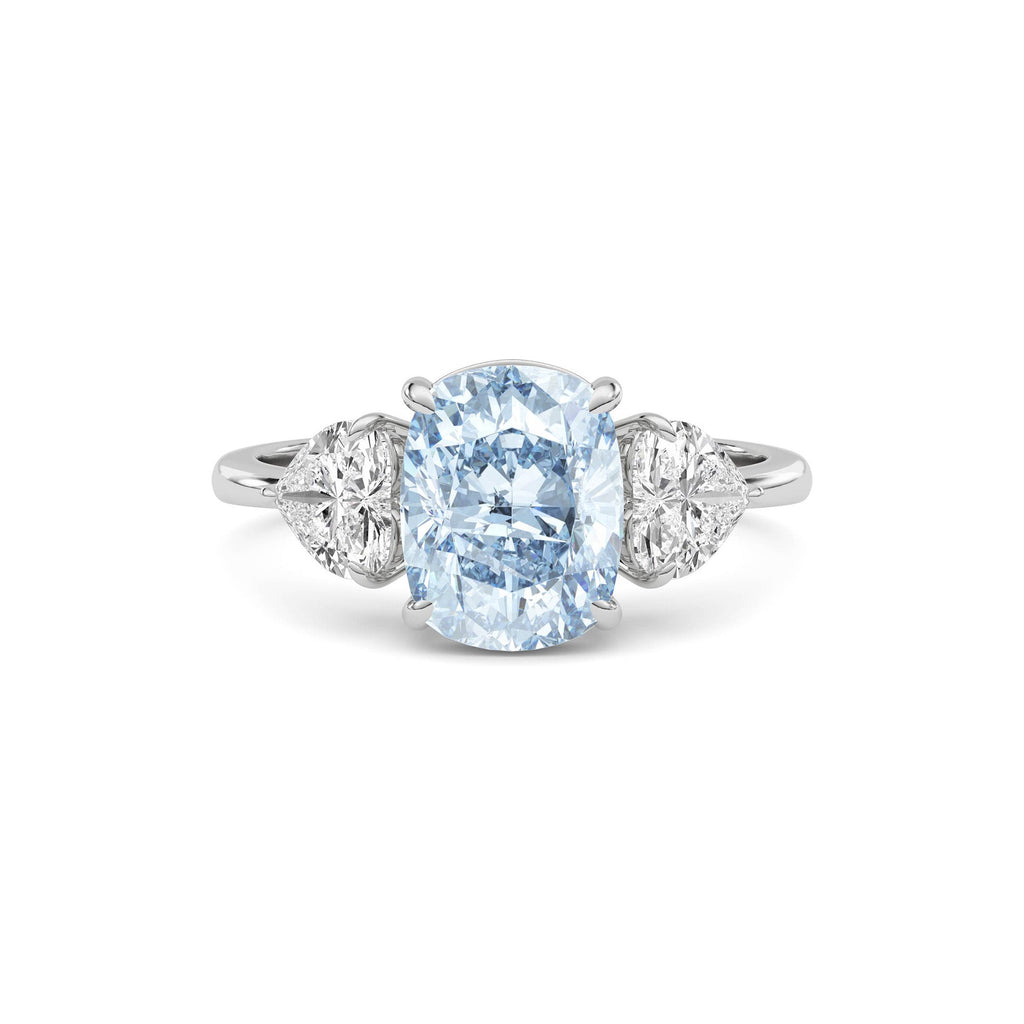 White gold Three-Stone Fancy Blue Cushion Cut Diamond Ring with Heart Side Stones