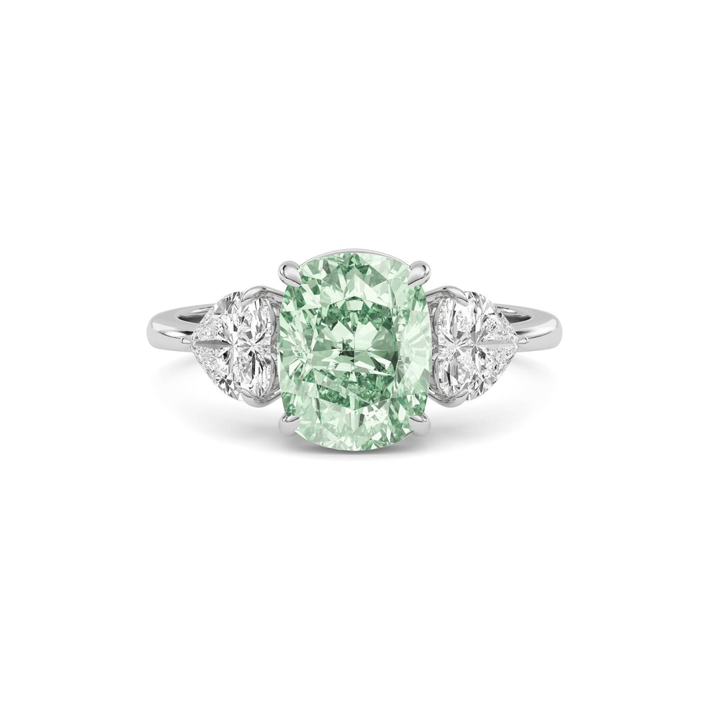 White gold Three-Stone Fancy Green Cushion Cut Diamond Ring with Heart Side Stones