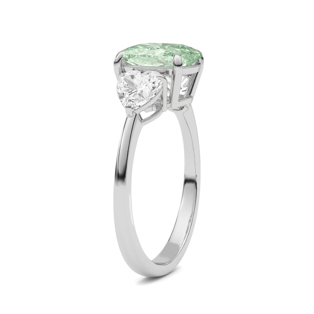 White gold Three-Stone Fancy Green Cushion Cut Diamond Ring with Heart Side Stones