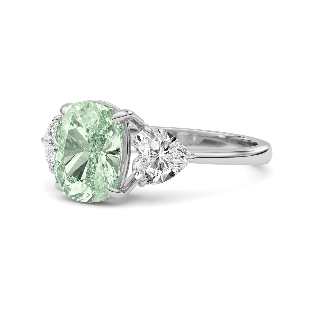 White gold Three-Stone Fancy Green Cushion Cut Diamond Ring with Heart Side Stones