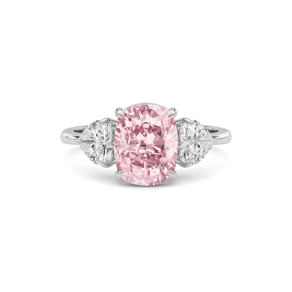 Silver Three-Stone Fancy Pink Cushion Cut Diamond Ring with Heart Side Stones