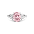 Silver Three-Stone Fancy Pink Cushion Cut Diamond Ring with Heart Side Stones