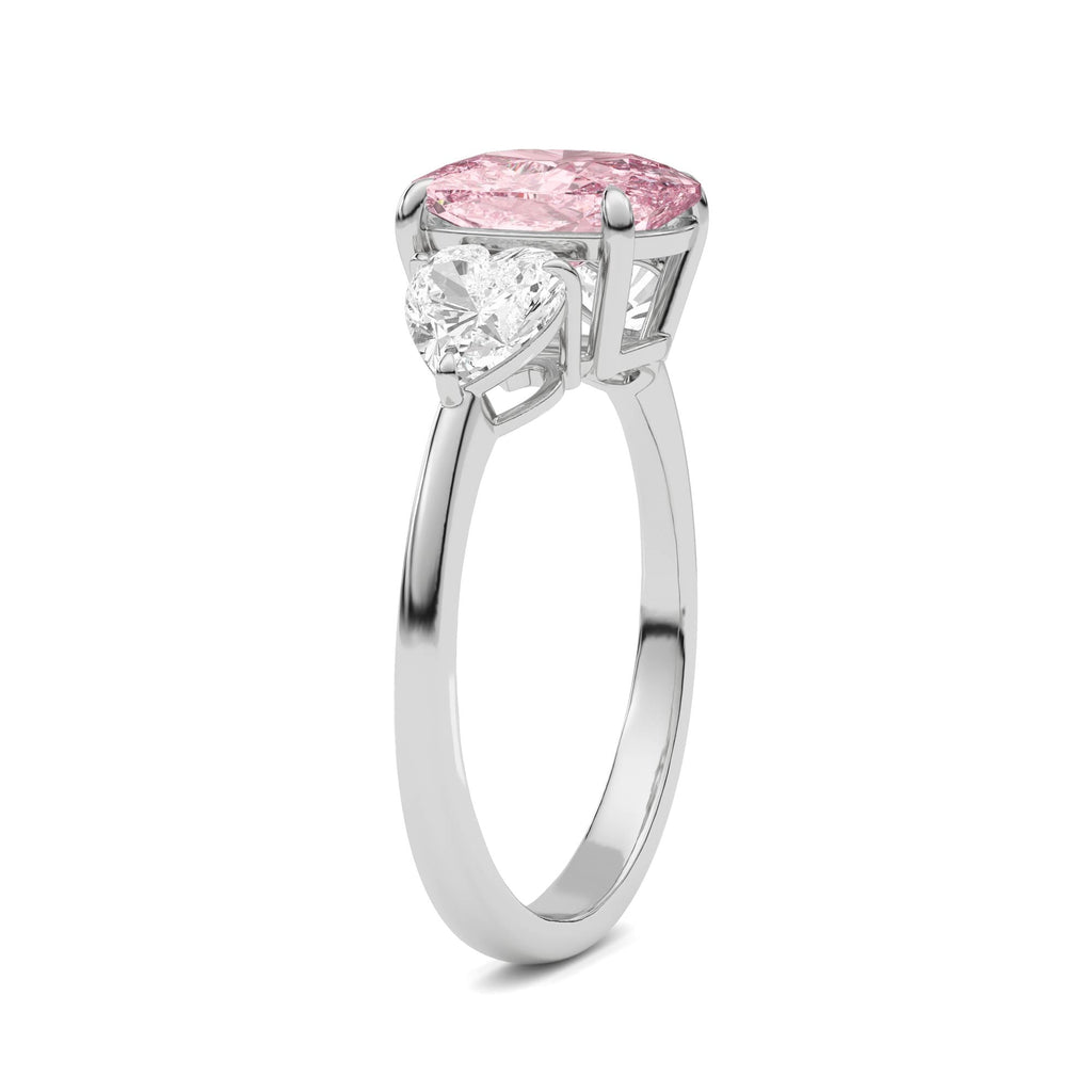 Silver Three-Stone Fancy Pink Cushion Cut Diamond Ring with Heart Side Stones