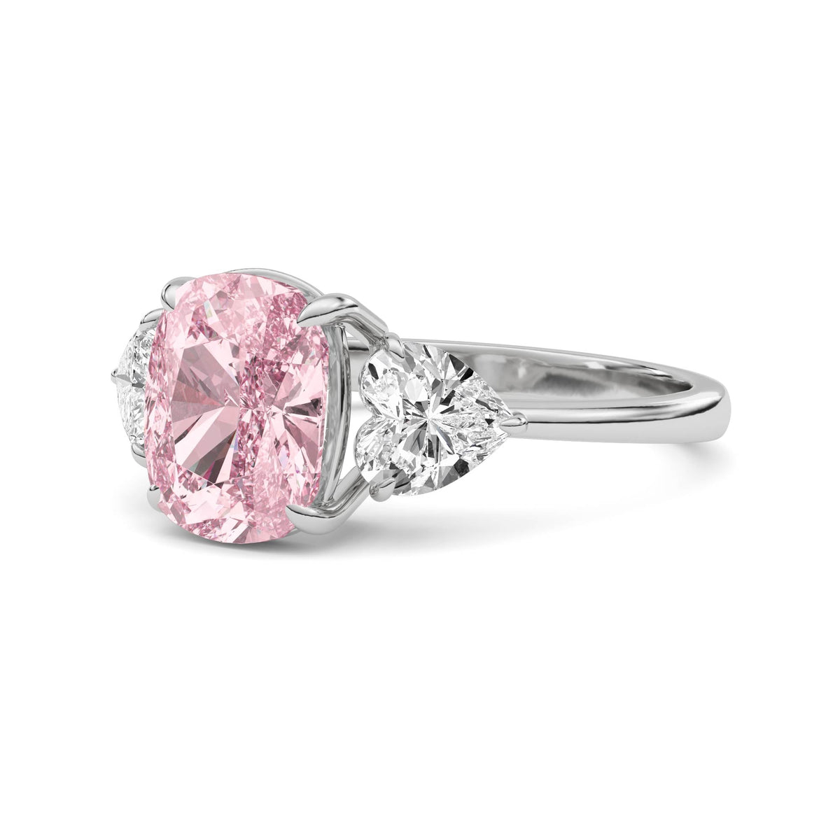Silver Three-Stone Fancy Pink Cushion Cut Diamond Ring with Heart Side Stones