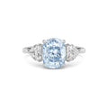 Silver Three-Stone Fancy Blue Cushion Cut Diamond Ring with Heart Side Stones