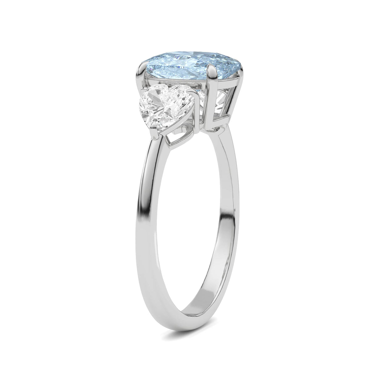Silver Three-Stone Fancy Blue Cushion Cut Diamond Ring with Heart Side Stones