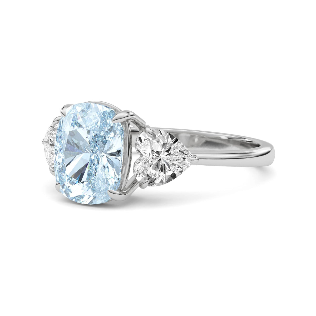 Silver Three-Stone Fancy Blue Cushion Cut Diamond Ring with Heart Side Stones