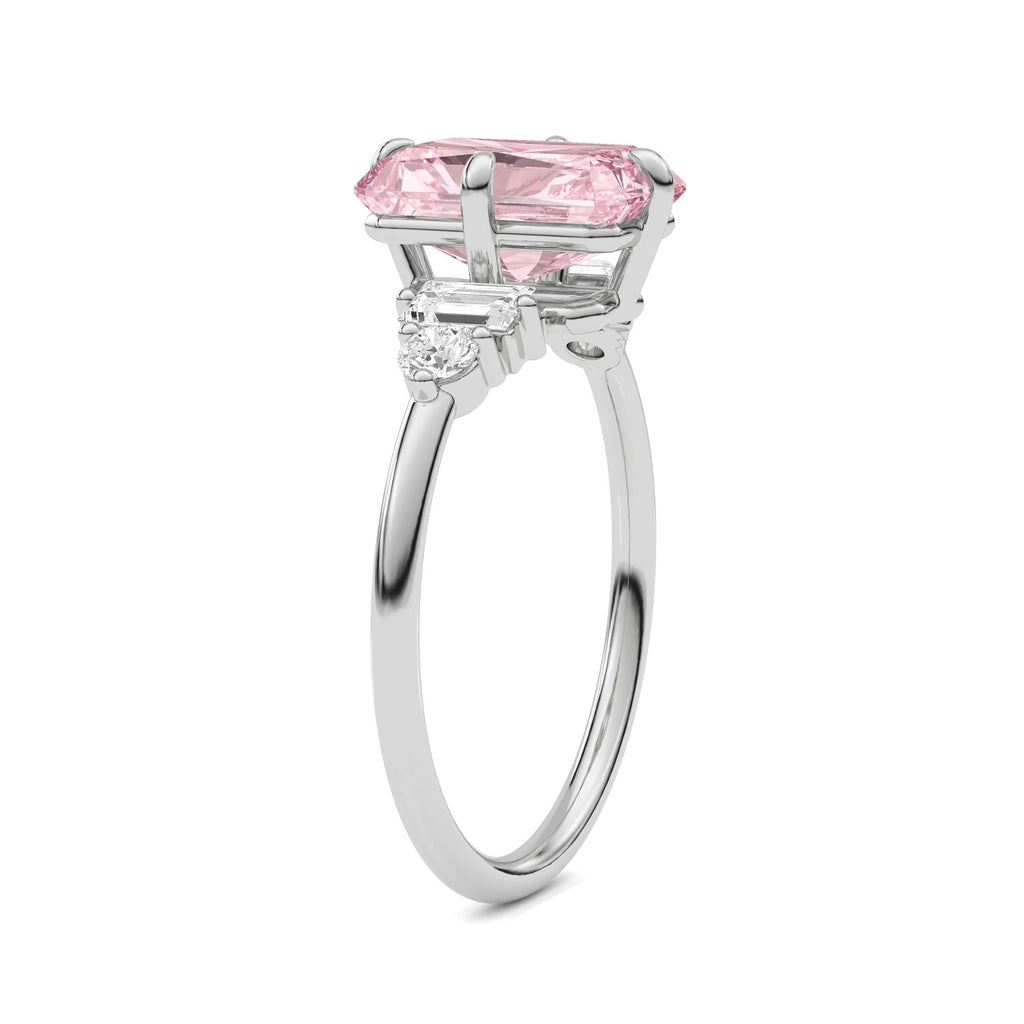 Platinum Three-Stone Fancy Pink Radiant Cut Diamond Ring with Heart Side Stones