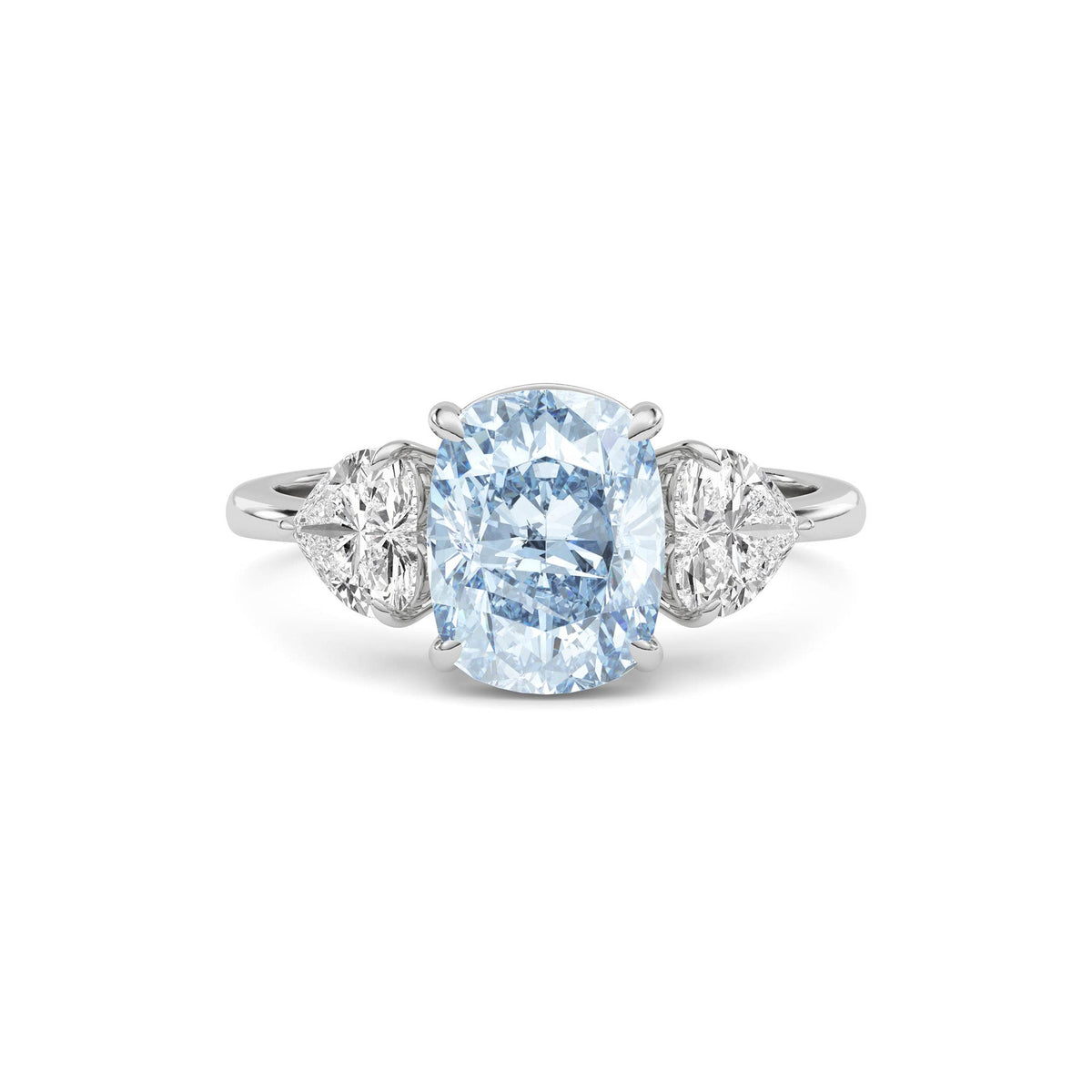 Platinum Three-Stone Fancy Blue Cushion Cut Diamond Ring with Heart Side Stones