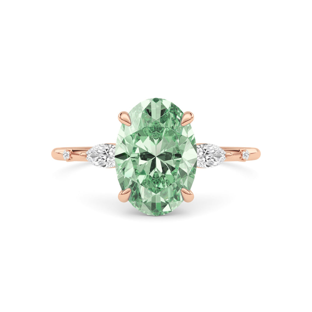 Rose gold Fancy Green Oval Cut Diamond Marquise Side Stone Engagement Ring