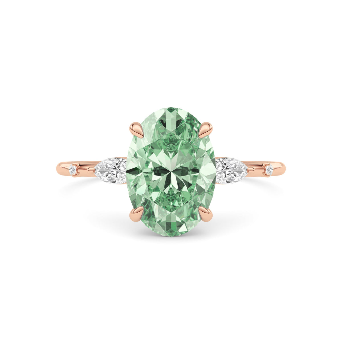 Rose gold Fancy Green Oval Cut Diamond Marquise Side Stone Engagement Ring