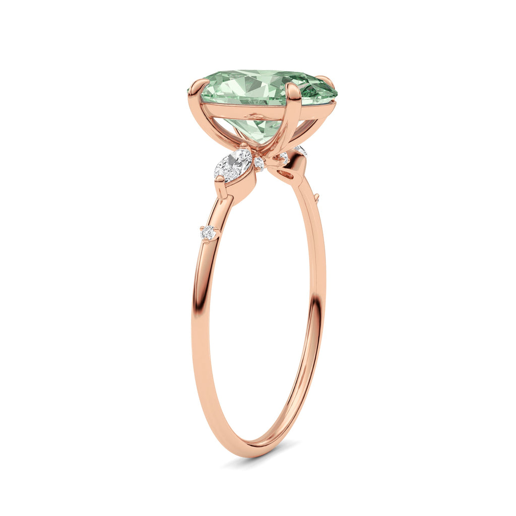 Rose gold Fancy Green Oval Cut Diamond Marquise Side Stone Engagement Ring
