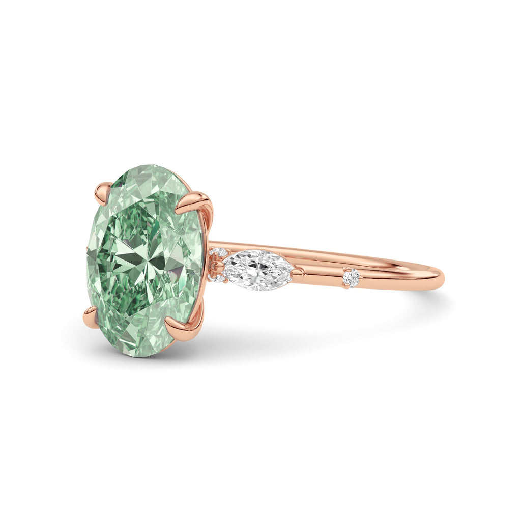 Rose gold Fancy Green Oval Cut Diamond Marquise Side Stone Engagement Ring