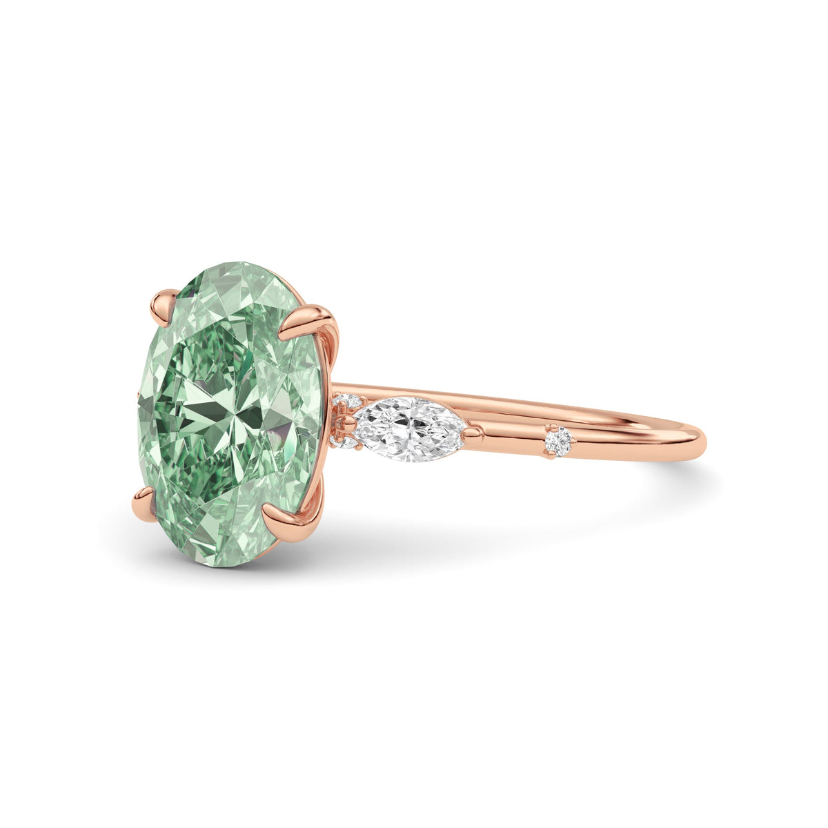 Rose gold Fancy Green Oval Cut Diamond Marquise Side Stone Engagement Ring