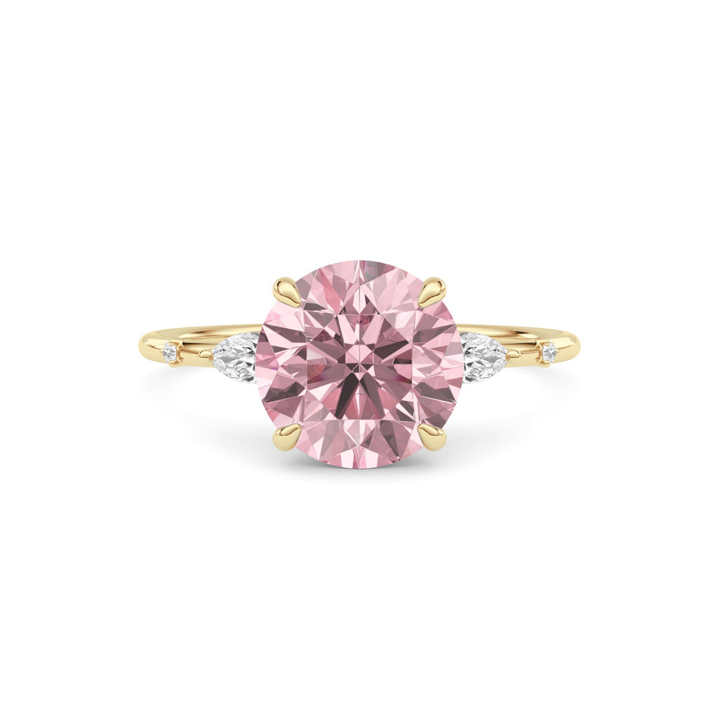 Yellow gold Fancy Pink Round Cut Diamond Marquise Side Stone Engagement Ring
