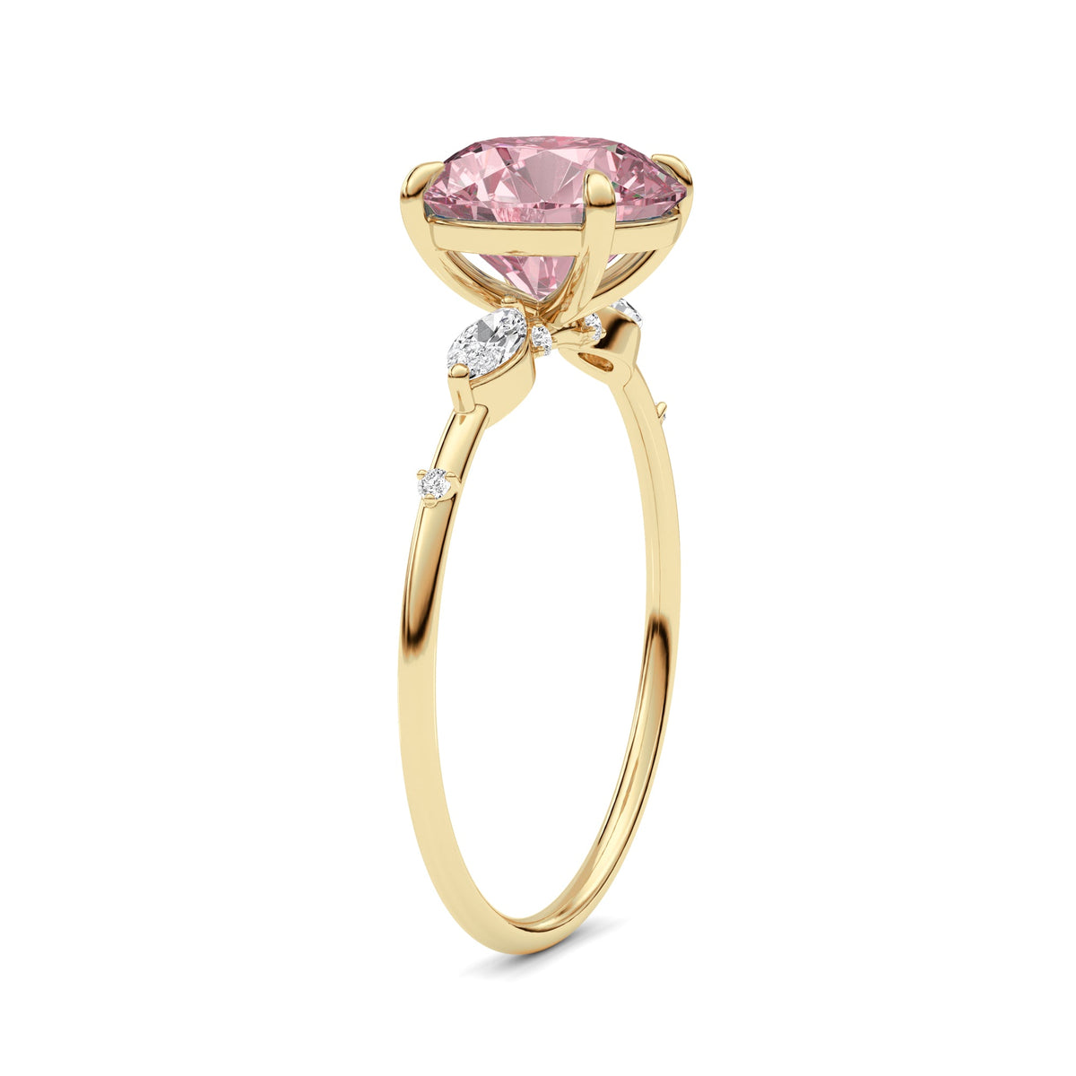 Yellow gold Fancy Pink Round Cut Diamond Marquise Side Stone Engagement Ring