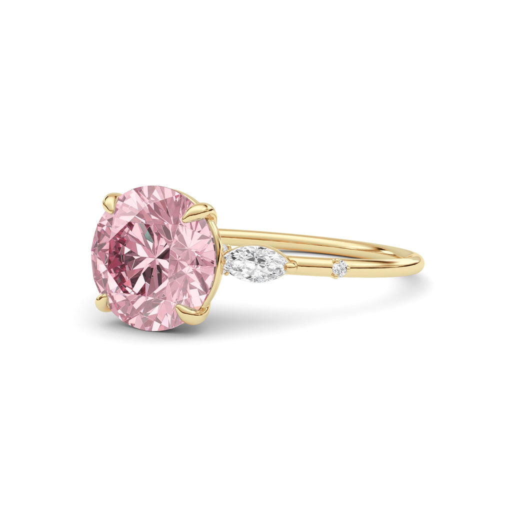 Yellow gold Fancy Pink Round Cut Diamond Marquise Side Stone Engagement Ring