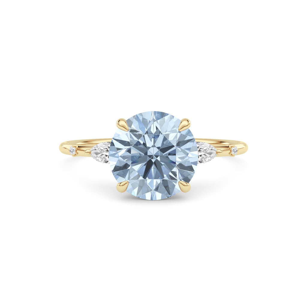 Yellow gold Fancy Blue Round Cut Diamond Marquise Side Stone Engagement Ring